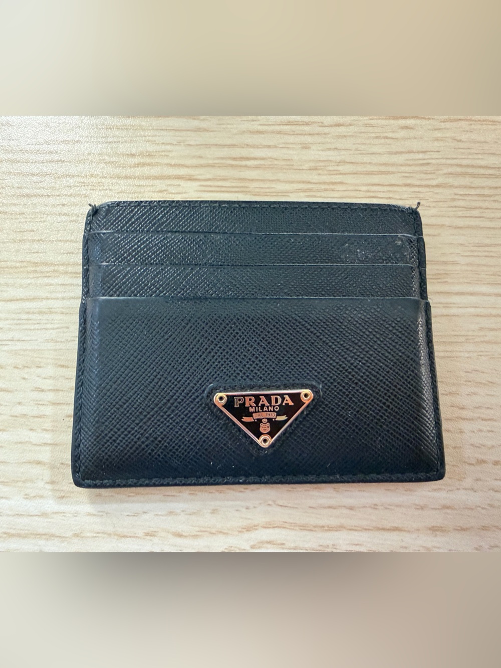 Prada Black Saffiano Card & Key Holder with Gold Triangle Logo
